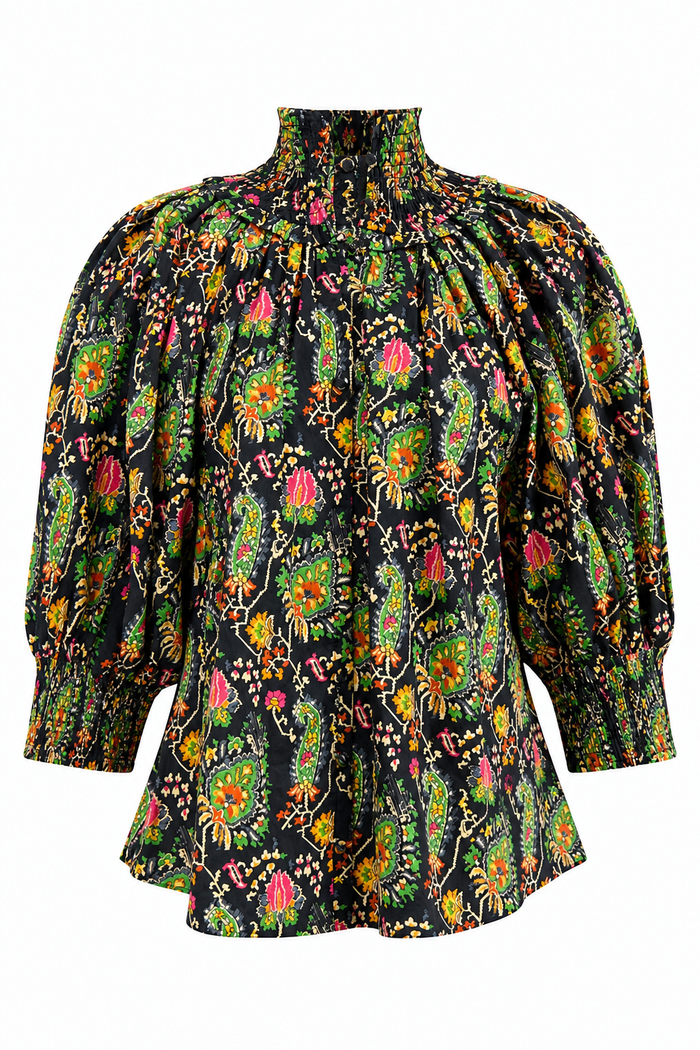Gathered Neck Button Down Top Black Paisley