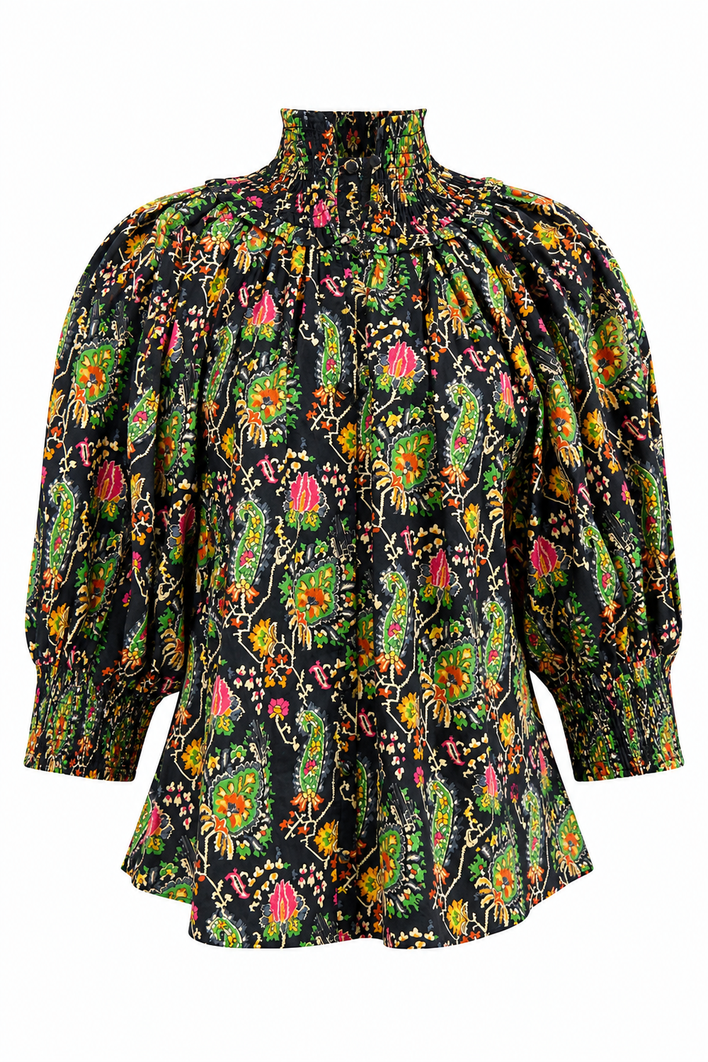 Gathered Neck Button Down Top Black Paisley