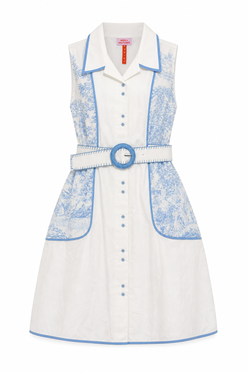 Grasse Piped Short Dress Blue Toile