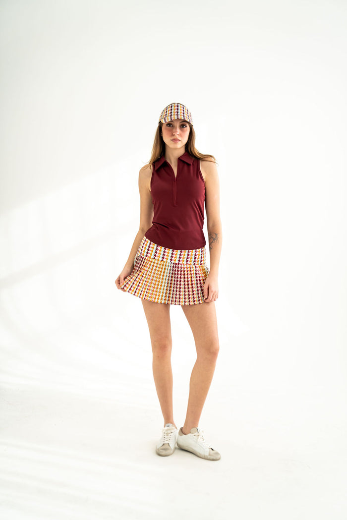 Cora Pleated Skirt Burgundy Houndstooth