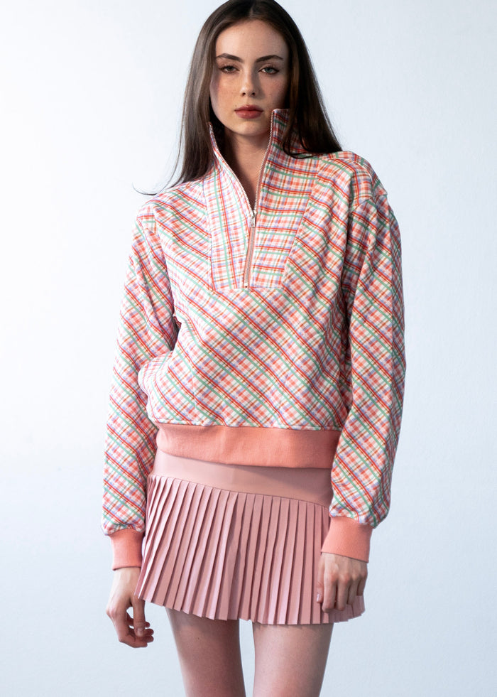 1/2 Zip Sweatshirt Pink Plaid