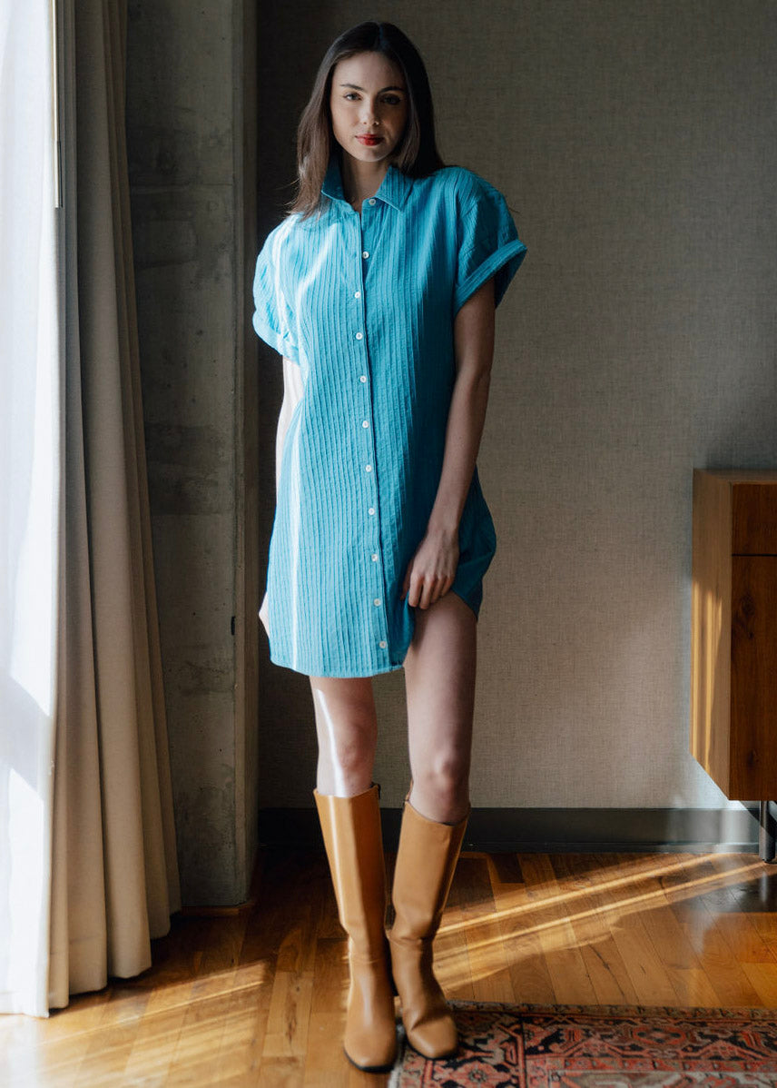 Aster Short Sleeve Short Dress Solid Cotton Spandex