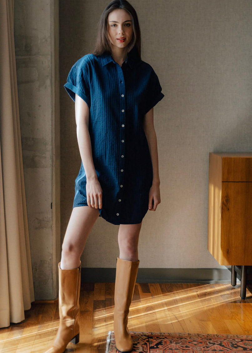 Aster Short Sleeve Short Dress Solid Cotton Spandex
