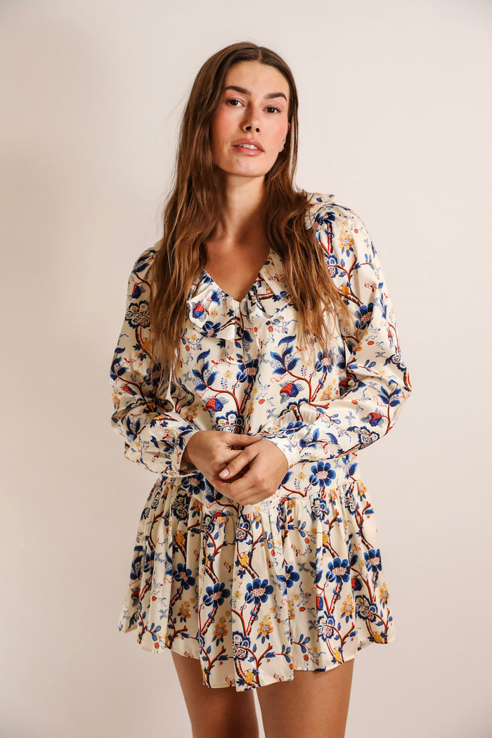 Rachel V-Neck Short Dress Ivory Chintz