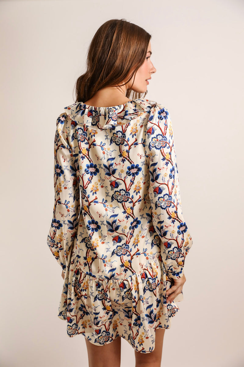 Rachel V-Neck Short Dress Ivory Chintz