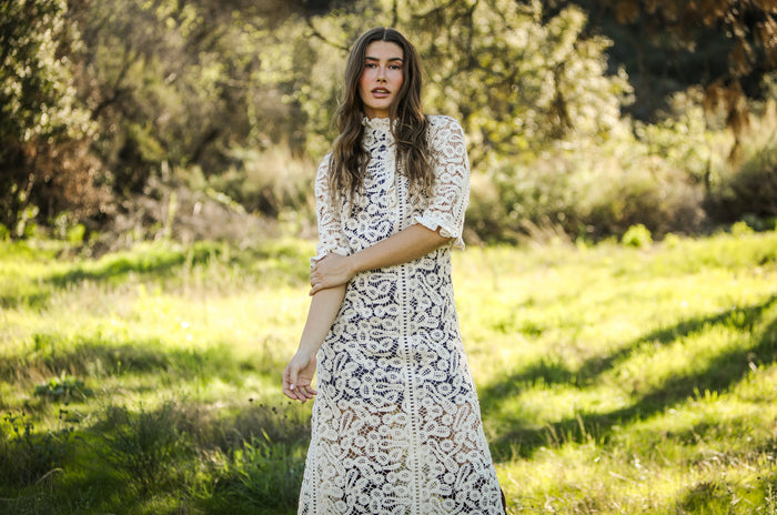 Ruffle Collar Maxi Dress Ecru Lace