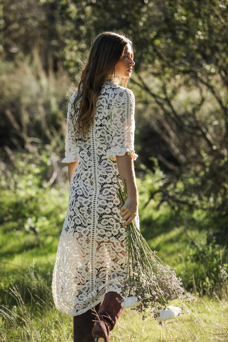 Ruffle Collar Maxi Dress Ecru Lace