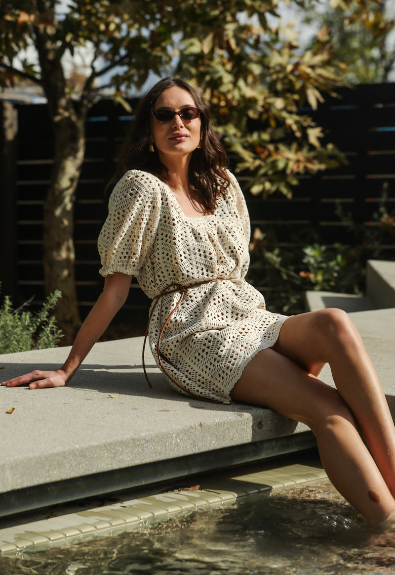 Square Neck Short Dress Bone Crochet