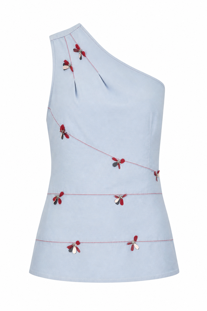 Blue Poppy Beaded One Shoulder Top
