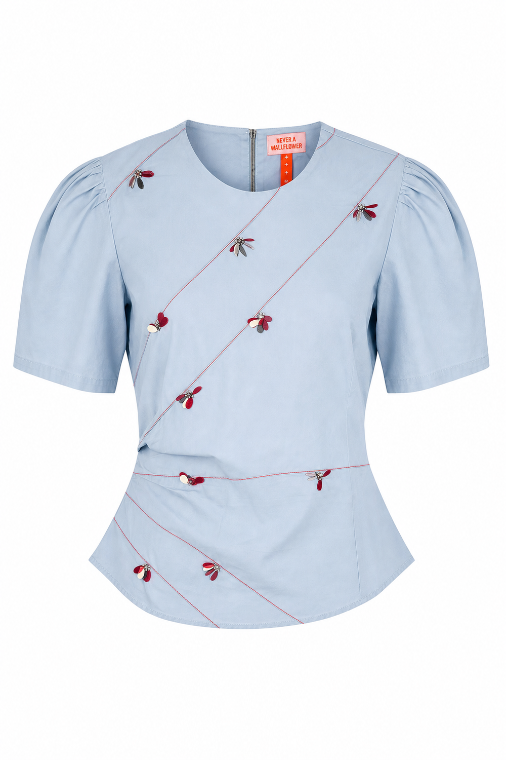 Blue Poppy Beaded Short Sleeve Top