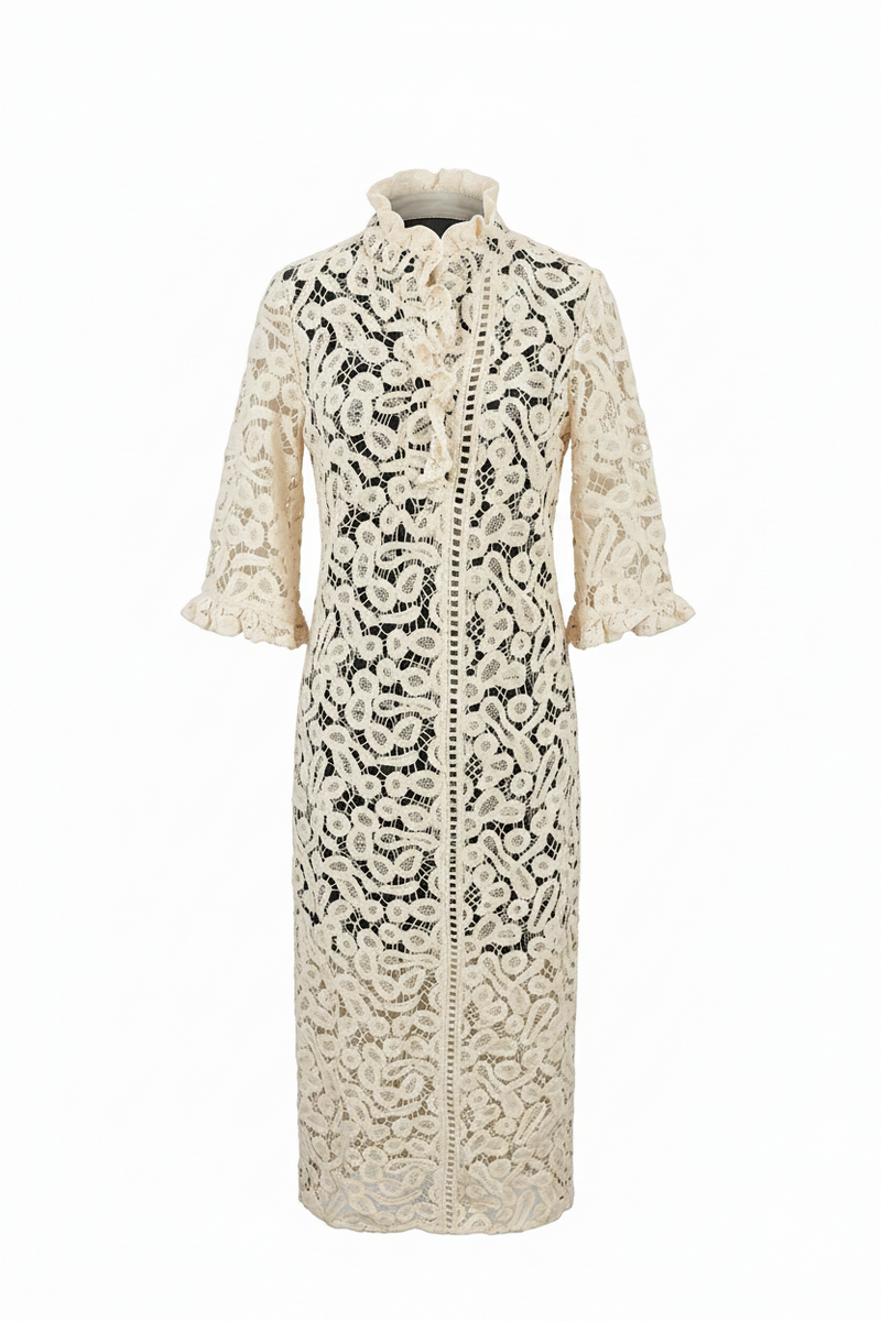 Ruffle Collar Maxi Dress Ecru Lace