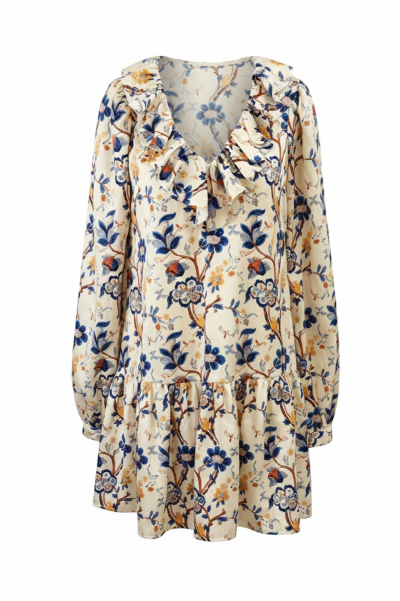 Rachel V-Neck Short Dress Ivory Chintz