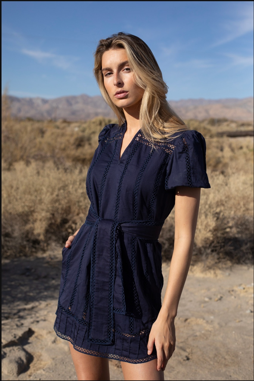 Embroidery Stripe Short Dress Navy