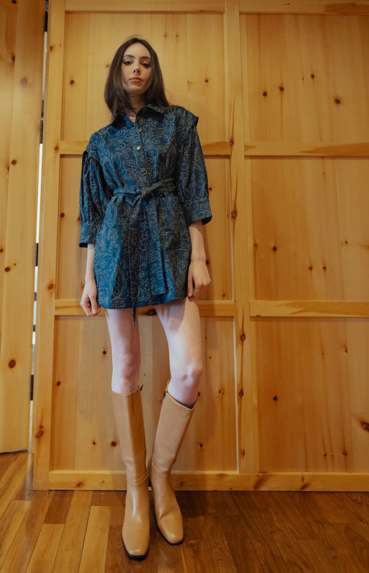Denim Dress Metal Studs Ecru