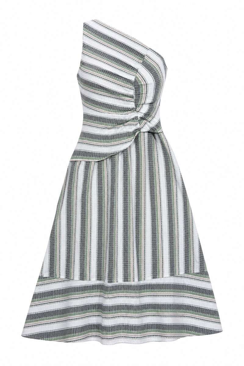 Solstice One Shoulder Dress Green Striped