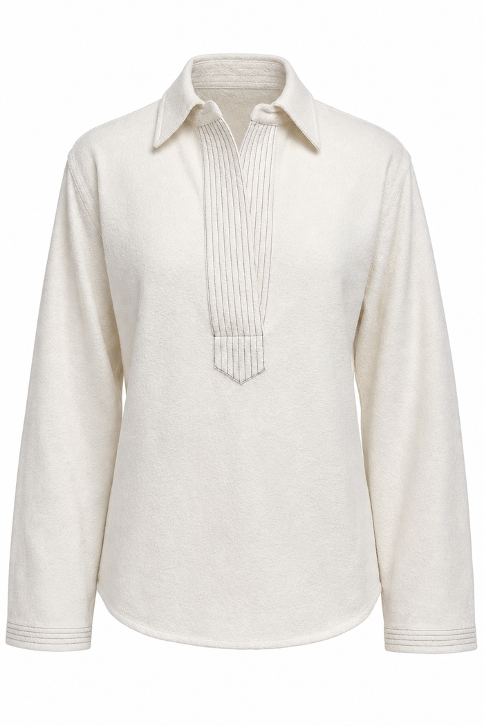Split Neck Long Sleeve Top Bone Boucle