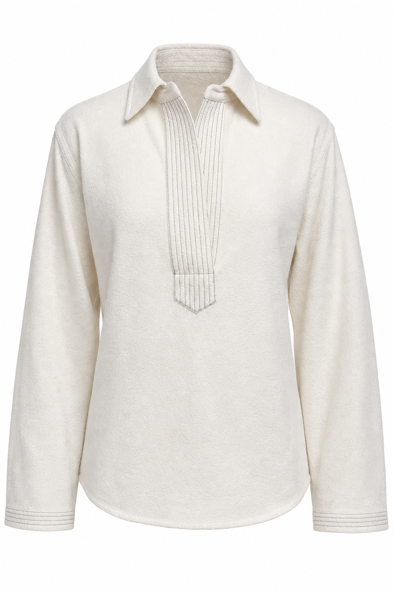 Split Neck Long Sleeve Top Bone Boucle