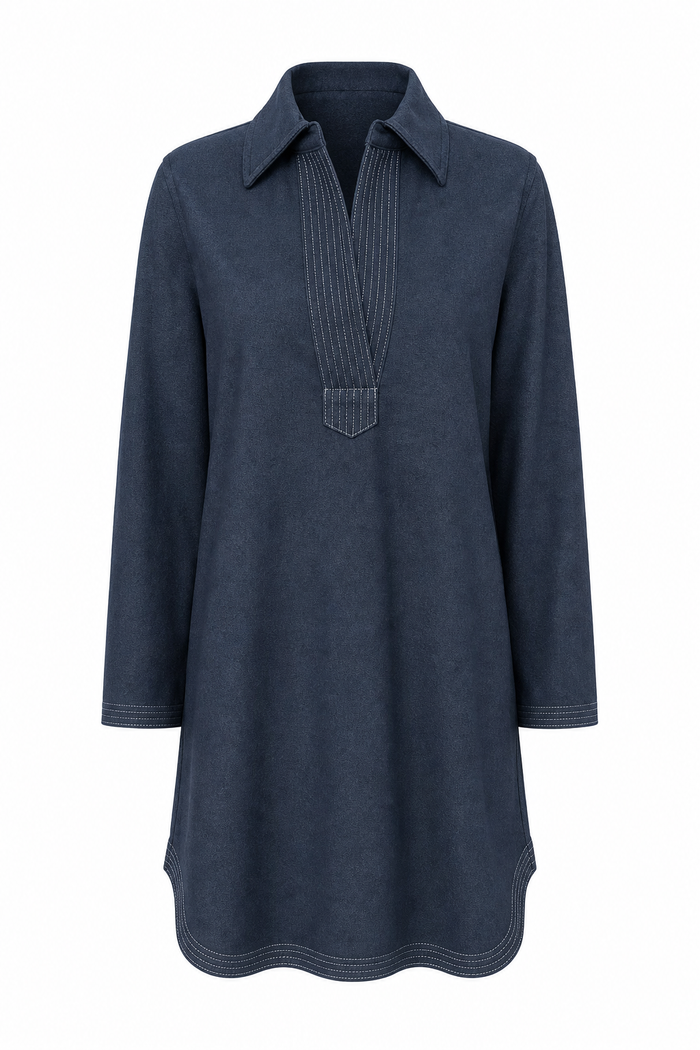 Split Neck Dress Navy Boucle