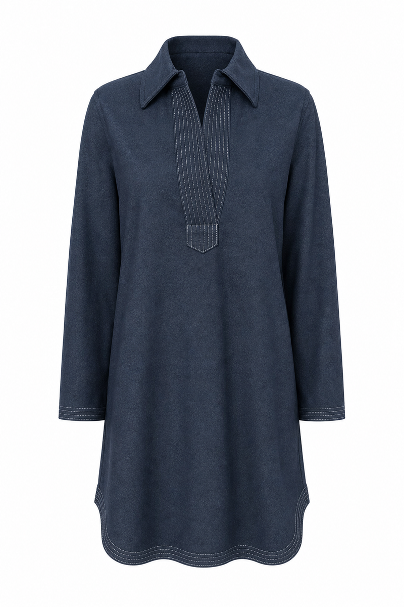 Split Neck Dress Navy Boucle