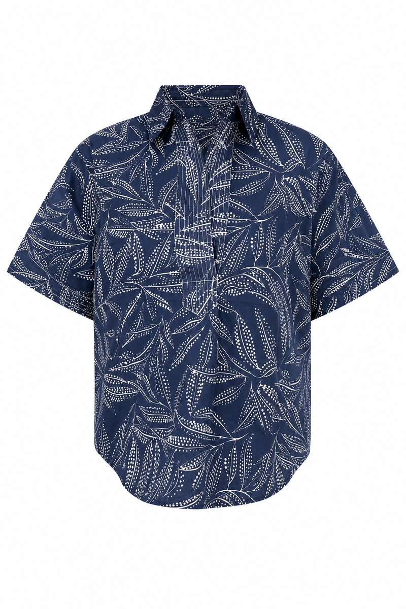 Split Neck Top Navy Leaf