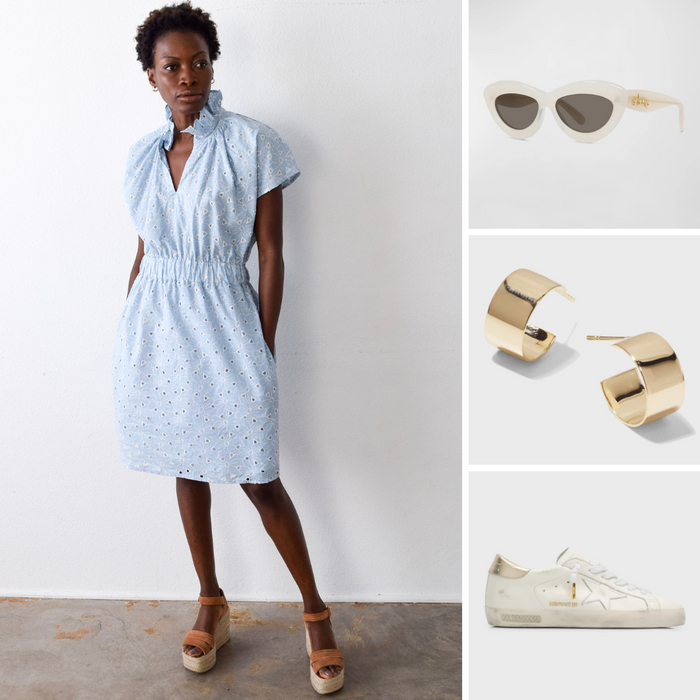 Vicki Short Sleeve Elastic Waist Dress Blue Eyelet