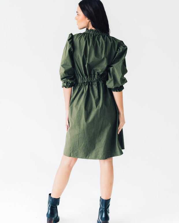 Elastic Collar Dress Olive Poplin