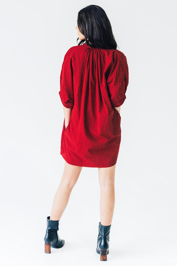 Elastic Sleeve Dress Burgundy Swiss Dot