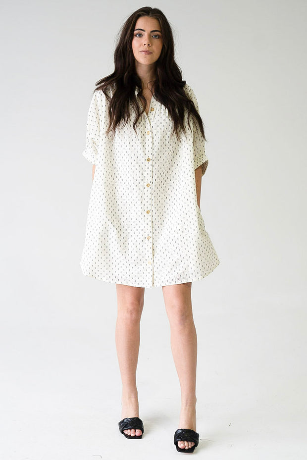 Elastic Sleeve Dress Ivory Swiss Dot