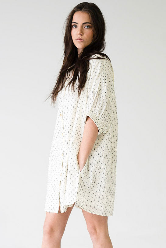 Elastic Sleeve Dress Ivory Swiss Dot