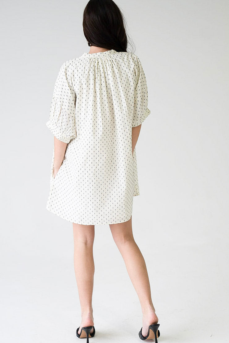 Elastic Sleeve Dress Ivory Swiss Dot