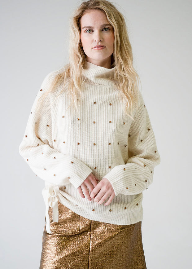 Scoop Hem Cashmere Sweater with Heart Elbow Patches - Navy/Ivory