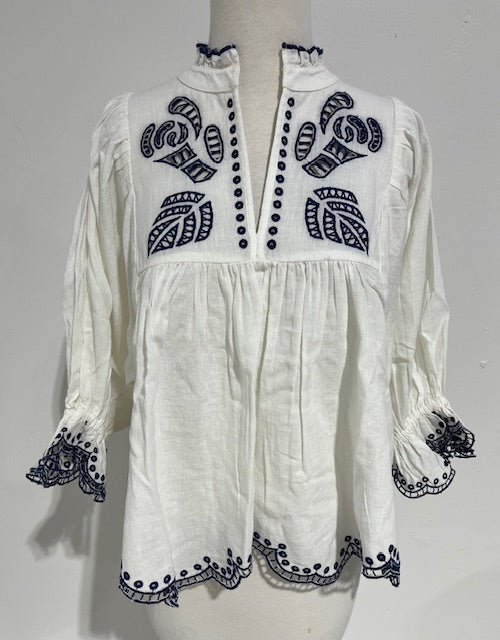 High Neck Top Embroidery White & Navy
