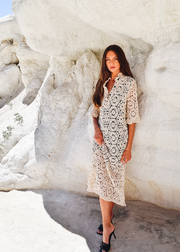 Ruffle Collar Short Sleeve Maxi Dress Crochet