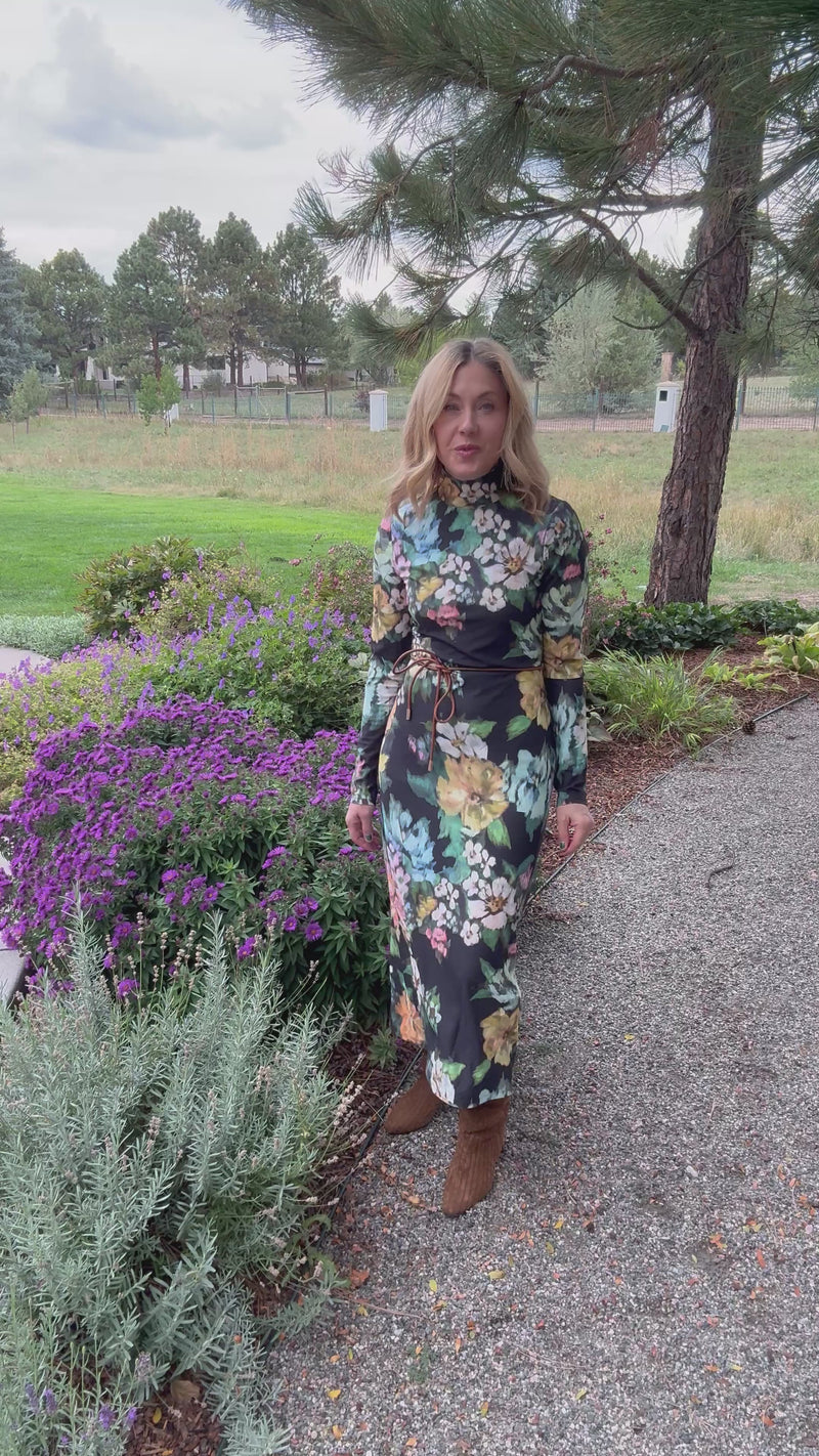 Knit Turtleneck Dress Green Floral