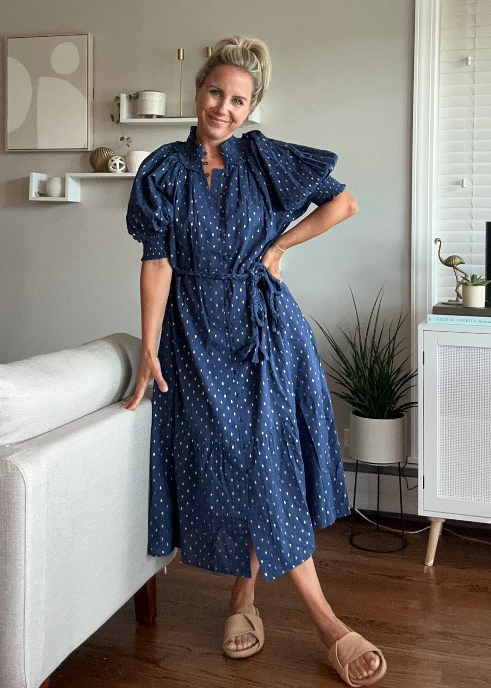 Never A Wallflower Gathered Neck Button Down Dress in Navy Metallic Dot NeverAWallflower