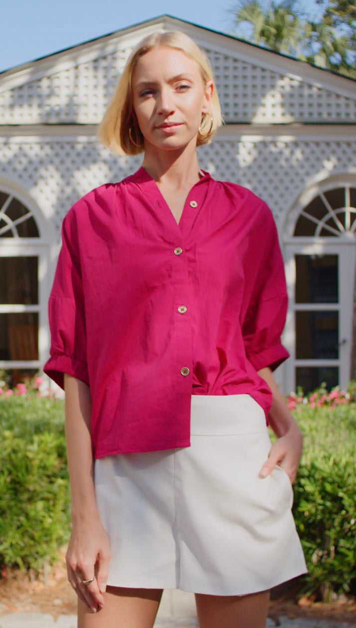 Elastic Sleeve Top Magenta Poplin