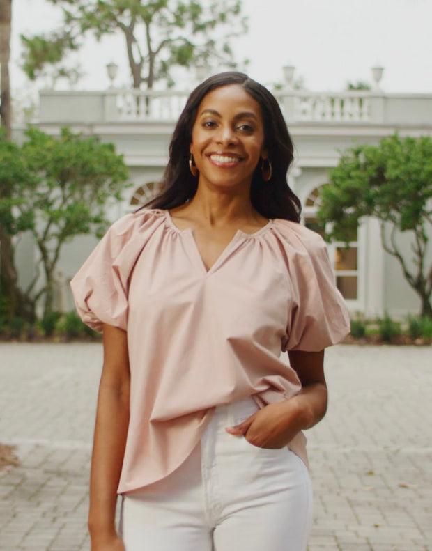 Gathered V-Neck Top Pink Poplin