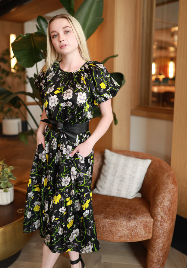 Black Floral Gathered Neck Dress