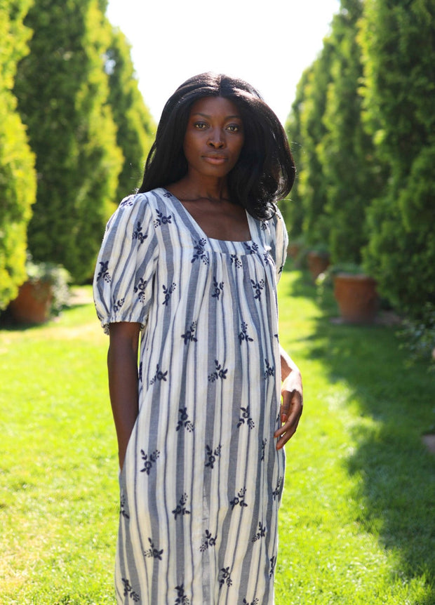 Navy Stripe Embroidery Square Neck Maxi Dress