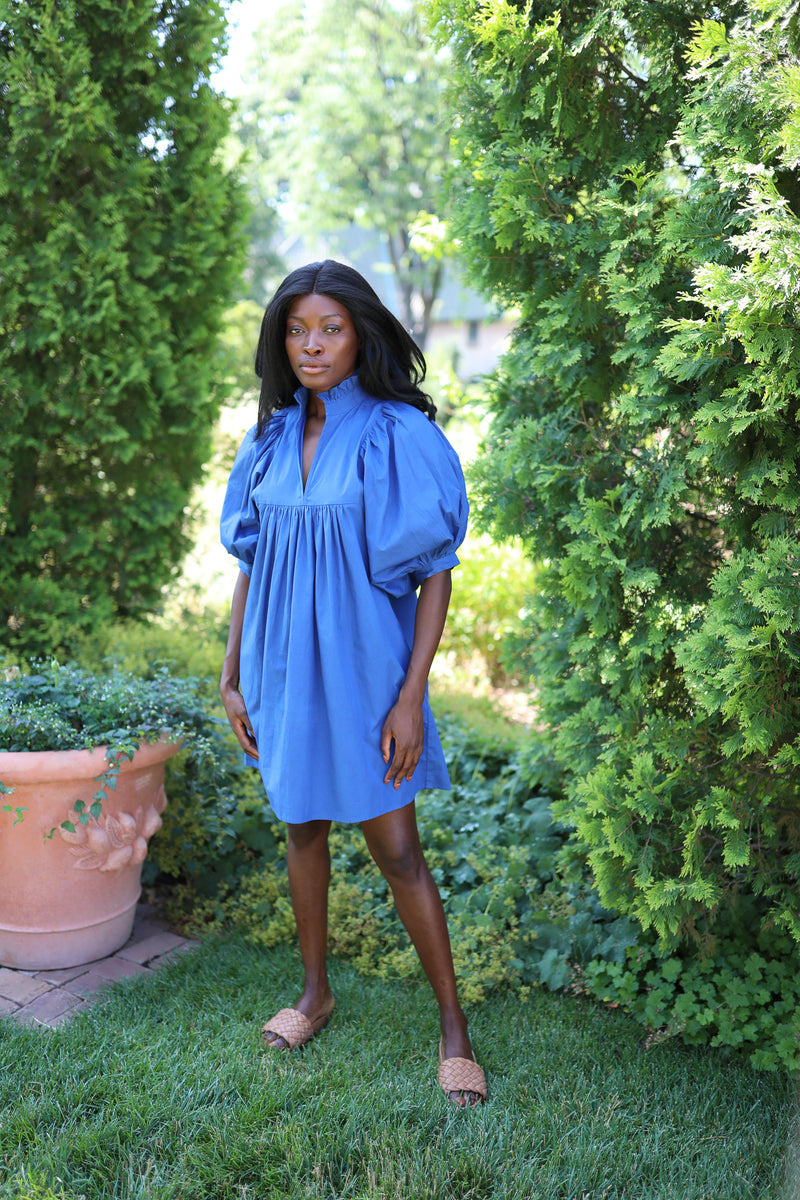 High Neck Dress Cerulean Blue Poplin