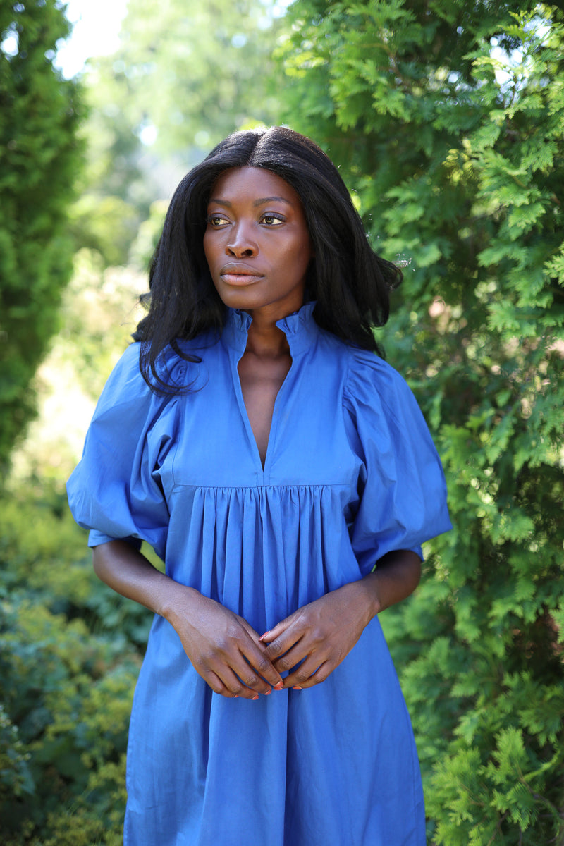 High Neck Dress Cerulean Blue Poplin