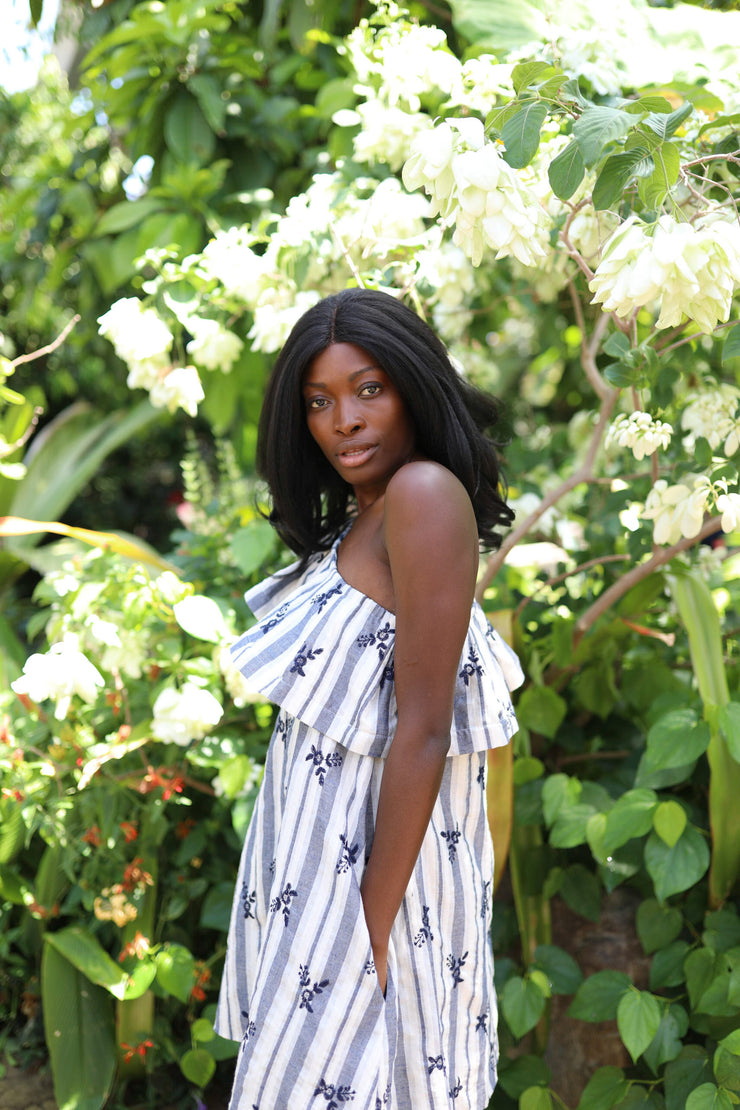 Navy Stripe Embroidery One Shoulder Dress