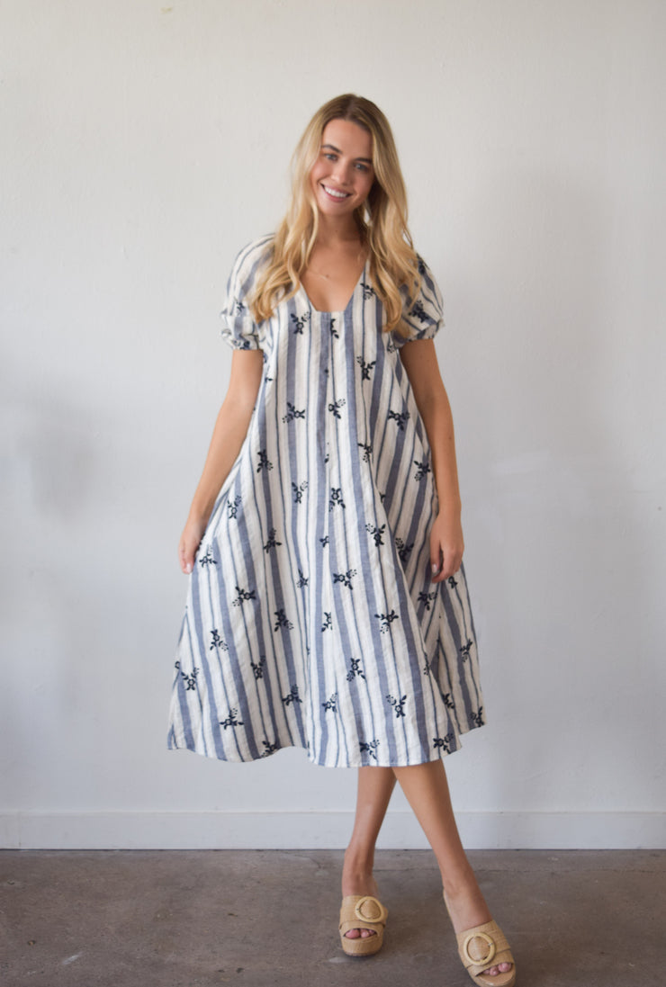 Navy Stripe Embroidery Marakesh Midi Dress