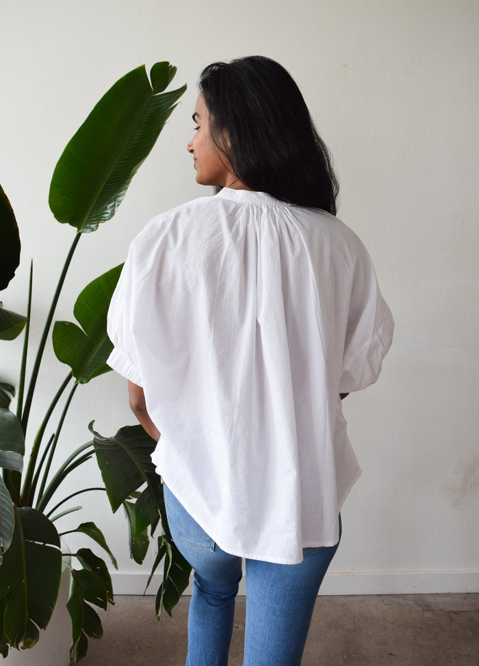 Elastic Sleeve Top White Poplin