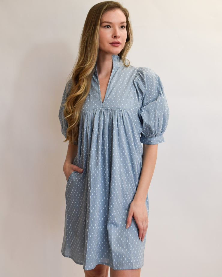 Denim Blue Swiss Dot High Neck Dress