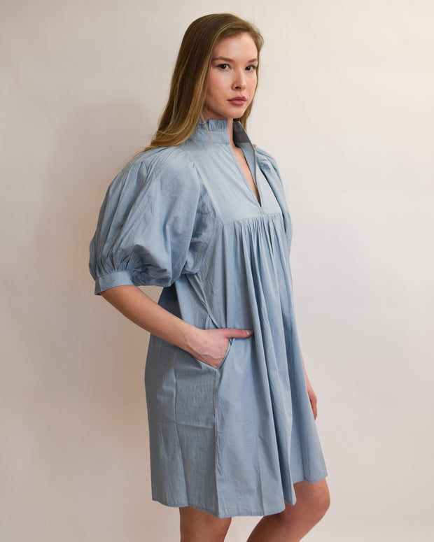 Denim Blue Solid High Neck Dress