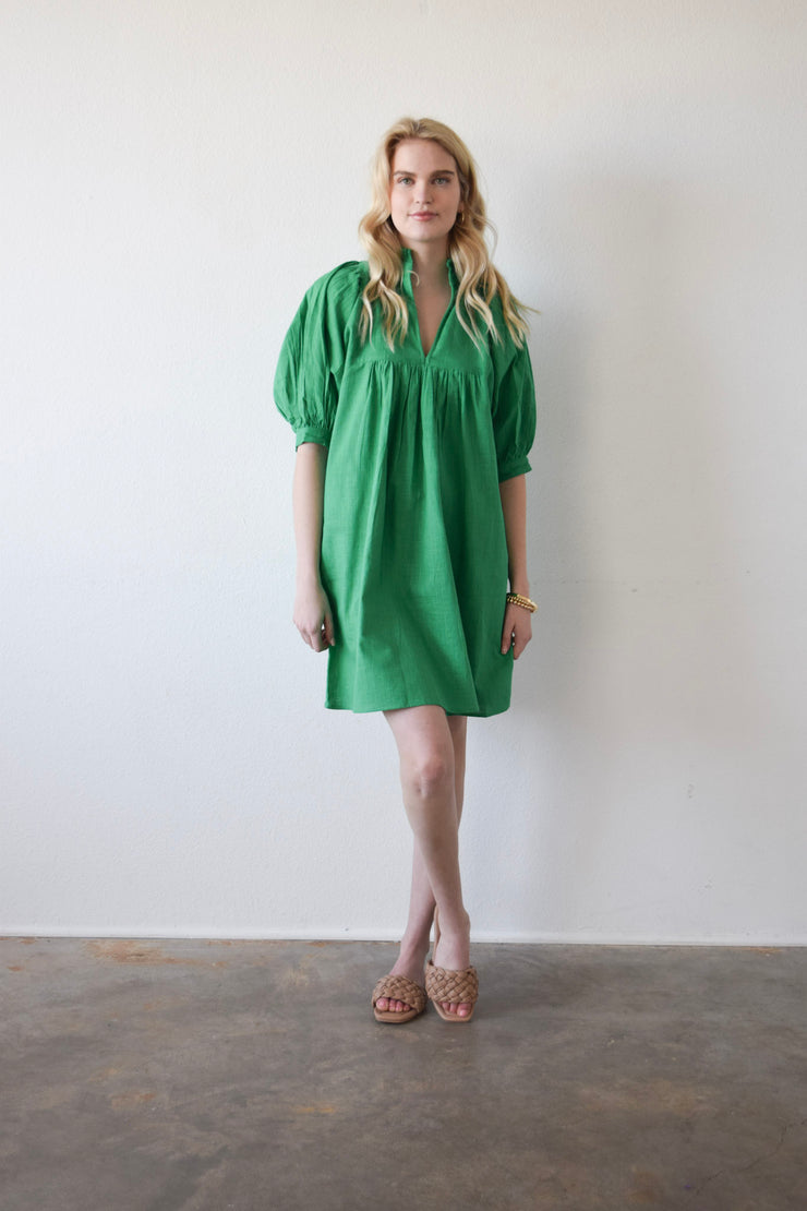 High Neck Dress Kelly Green Solid Cotton Cambric