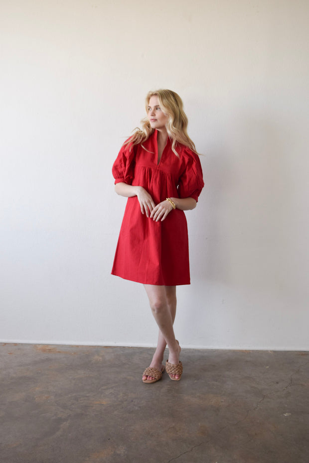 High Neck Dress Red Solid Cotton Cambric