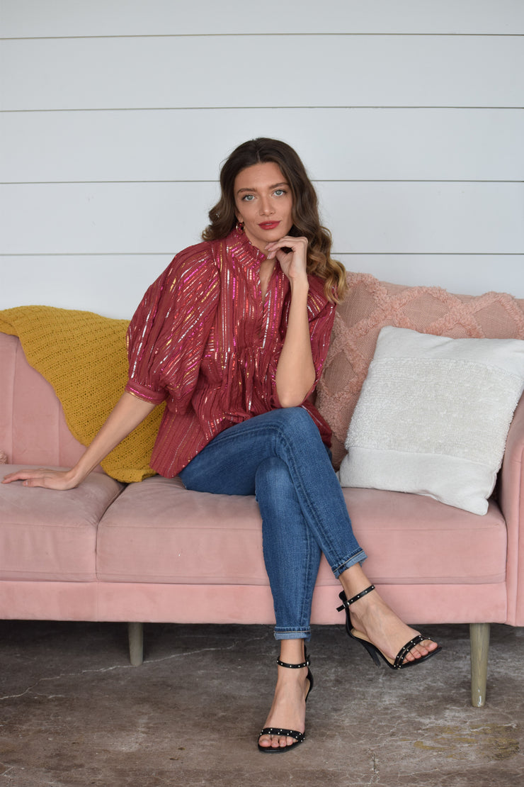 Pink Metallic Stripe High Neck Top