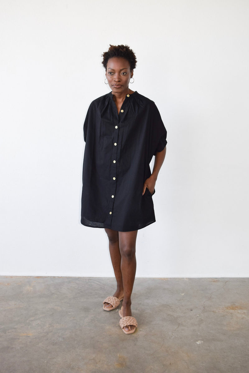 Elastic Sleeve Dress Black Solid Cotton Cambric